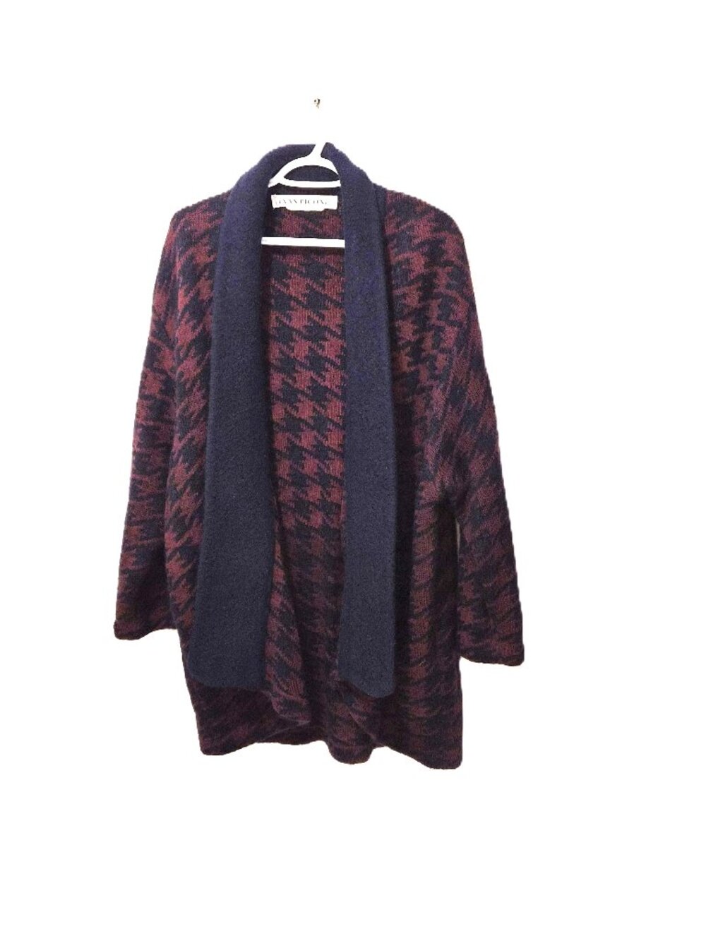VTG Mohair Houndstooth Cardigan Shawl Collar Open Sweater Cozy Fuzzy Academia